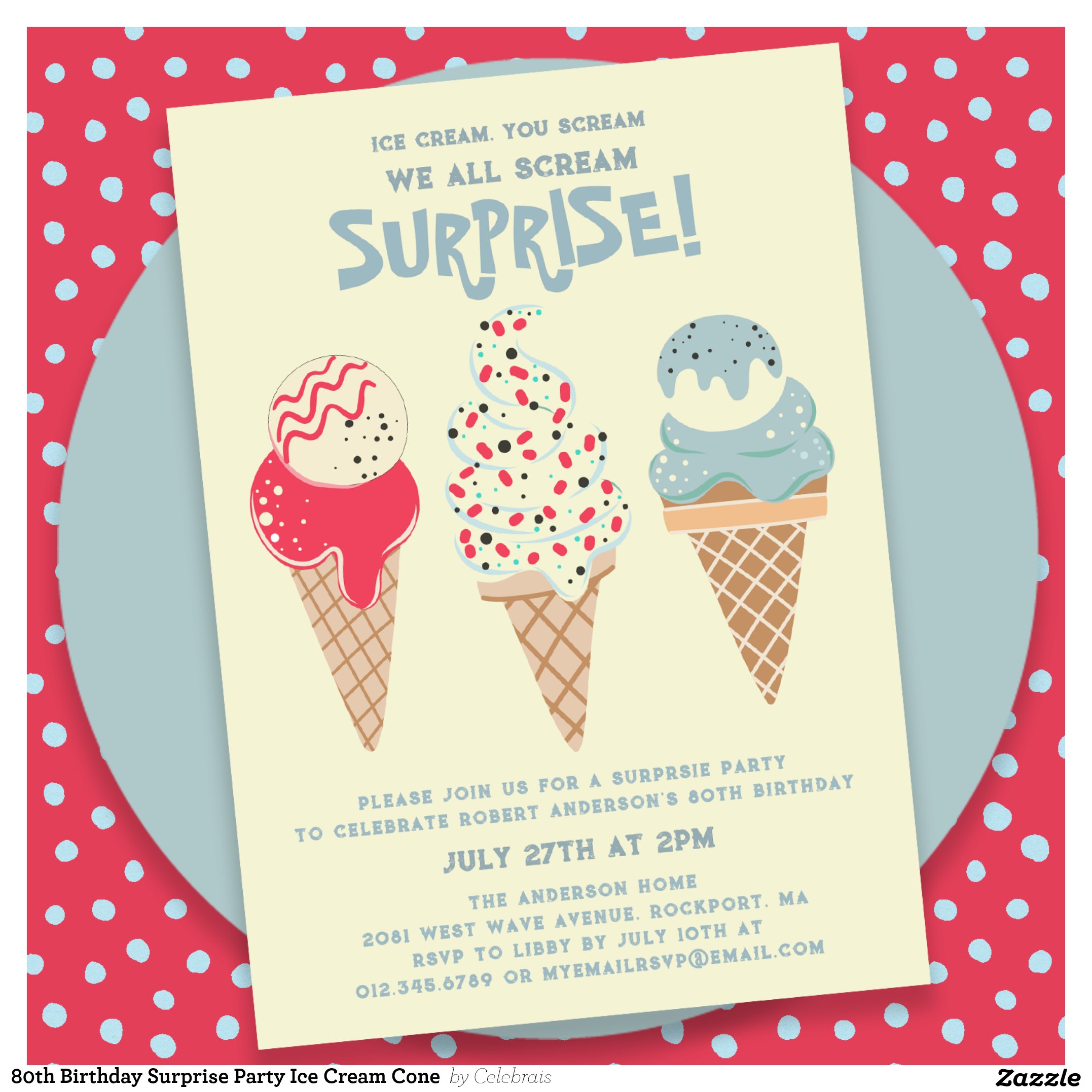80th Birthday Surprise Party Ice Cream Cone Invitation