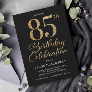 85th Birthday Party Black & Gold Invitation