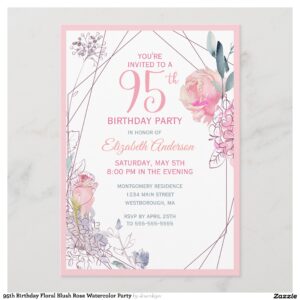95th Birthday Floral Blush Rose Watercolor Party Invitation