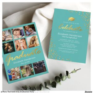 9 Photo Teal Gold 2025 Graduation Party Invitation