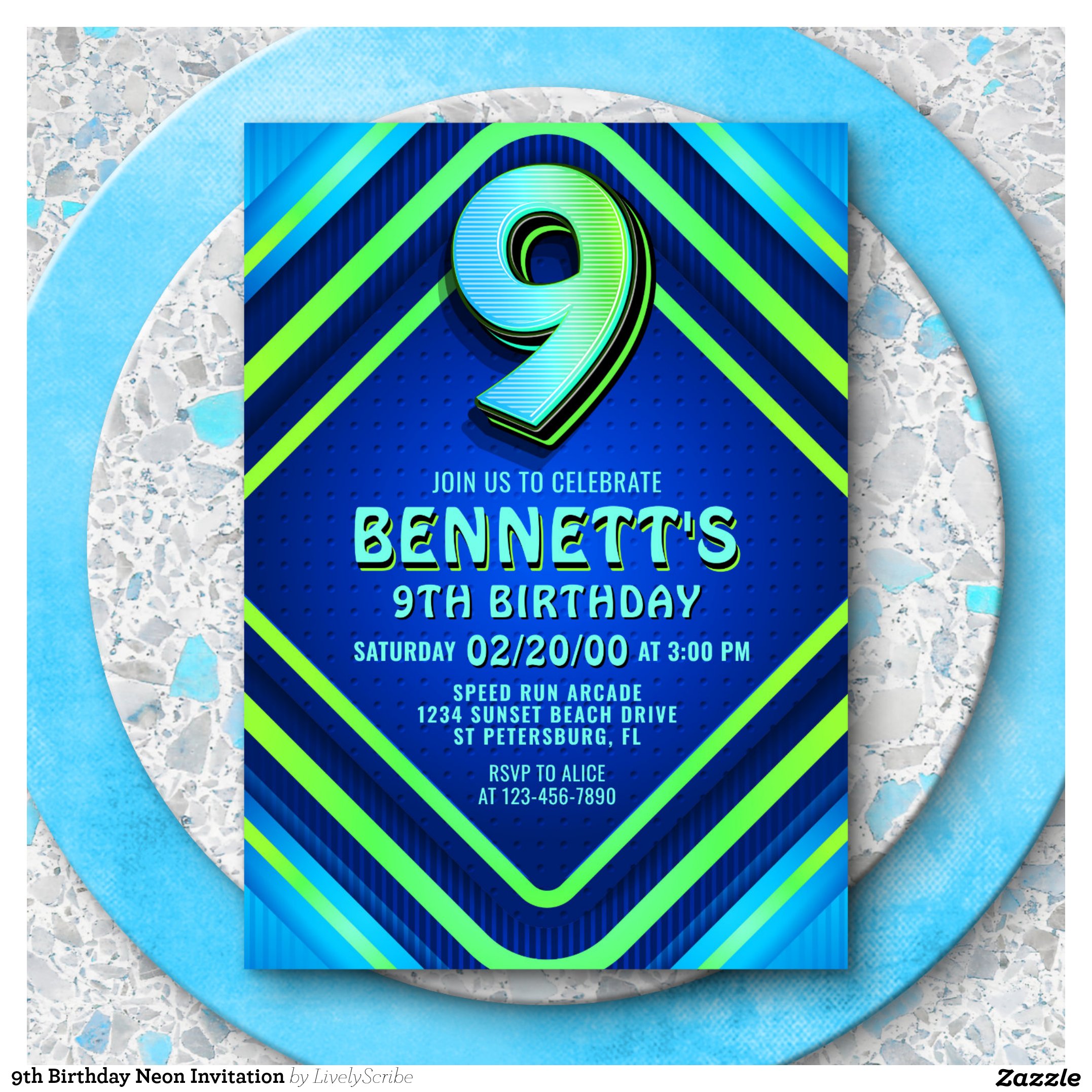 9th Birthday Neon Invitation