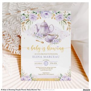 A Baby is Brewing Purple Flower Baby Shower Tea Invitation