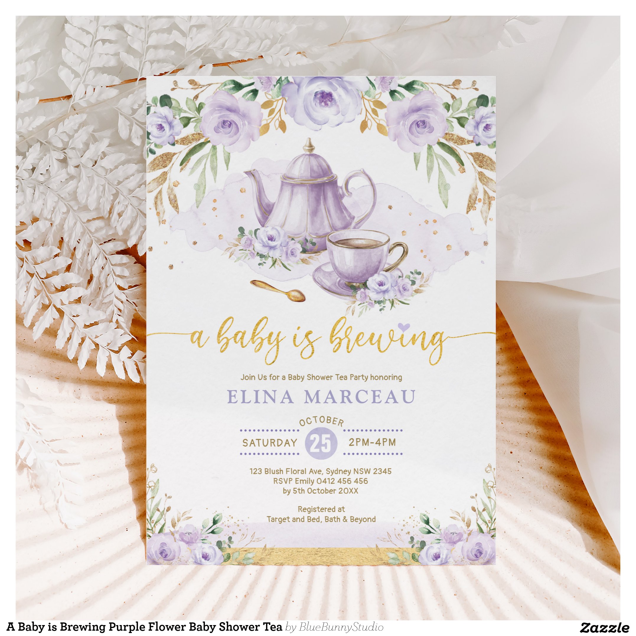 A Baby is Brewing Purple Flower Baby Shower Tea Invitation