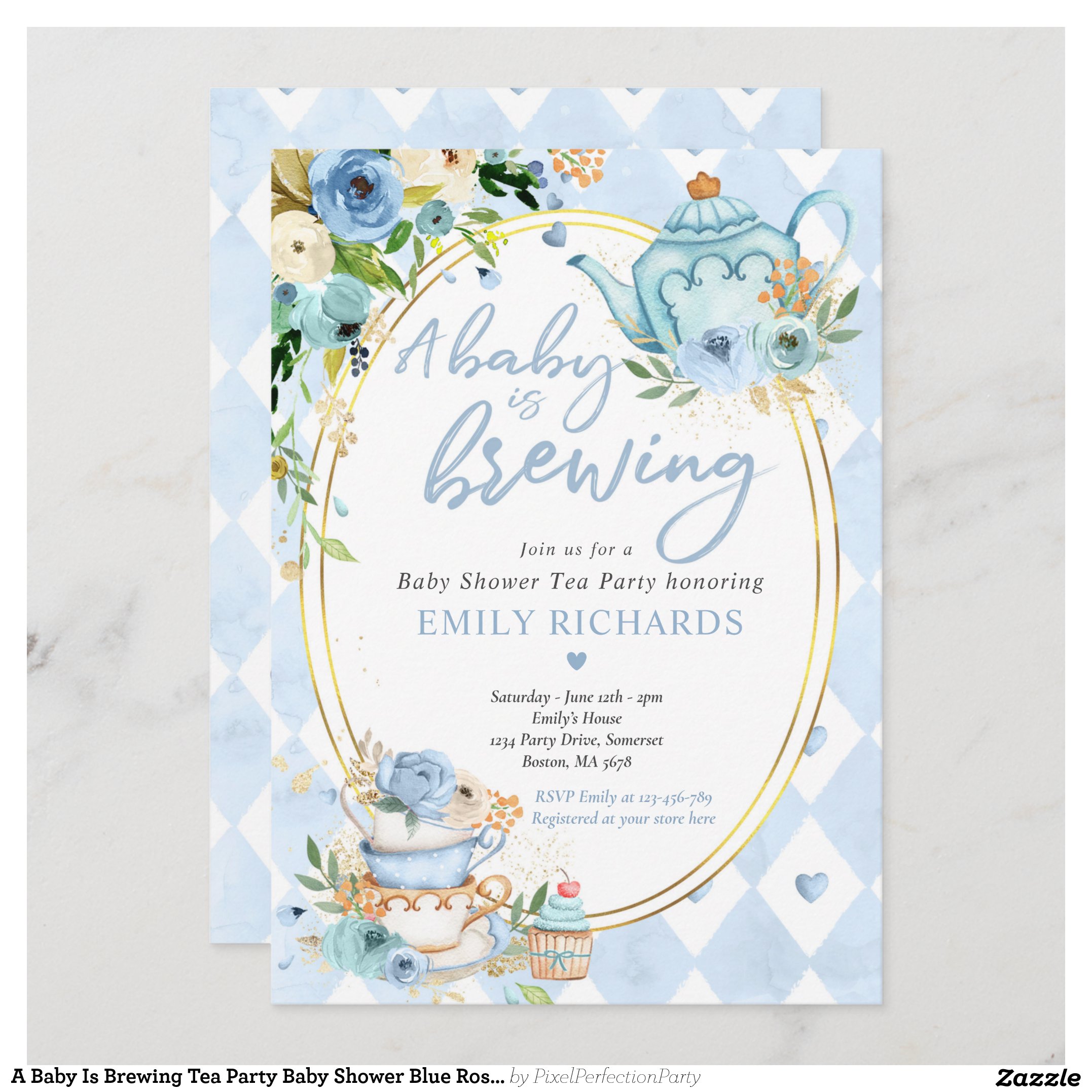 A Baby Is Brewing Tea Party Baby Shower Blue Roses Invitation