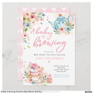 A Baby Is Brewing Tea Party Baby Shower Pink Roses Invitation