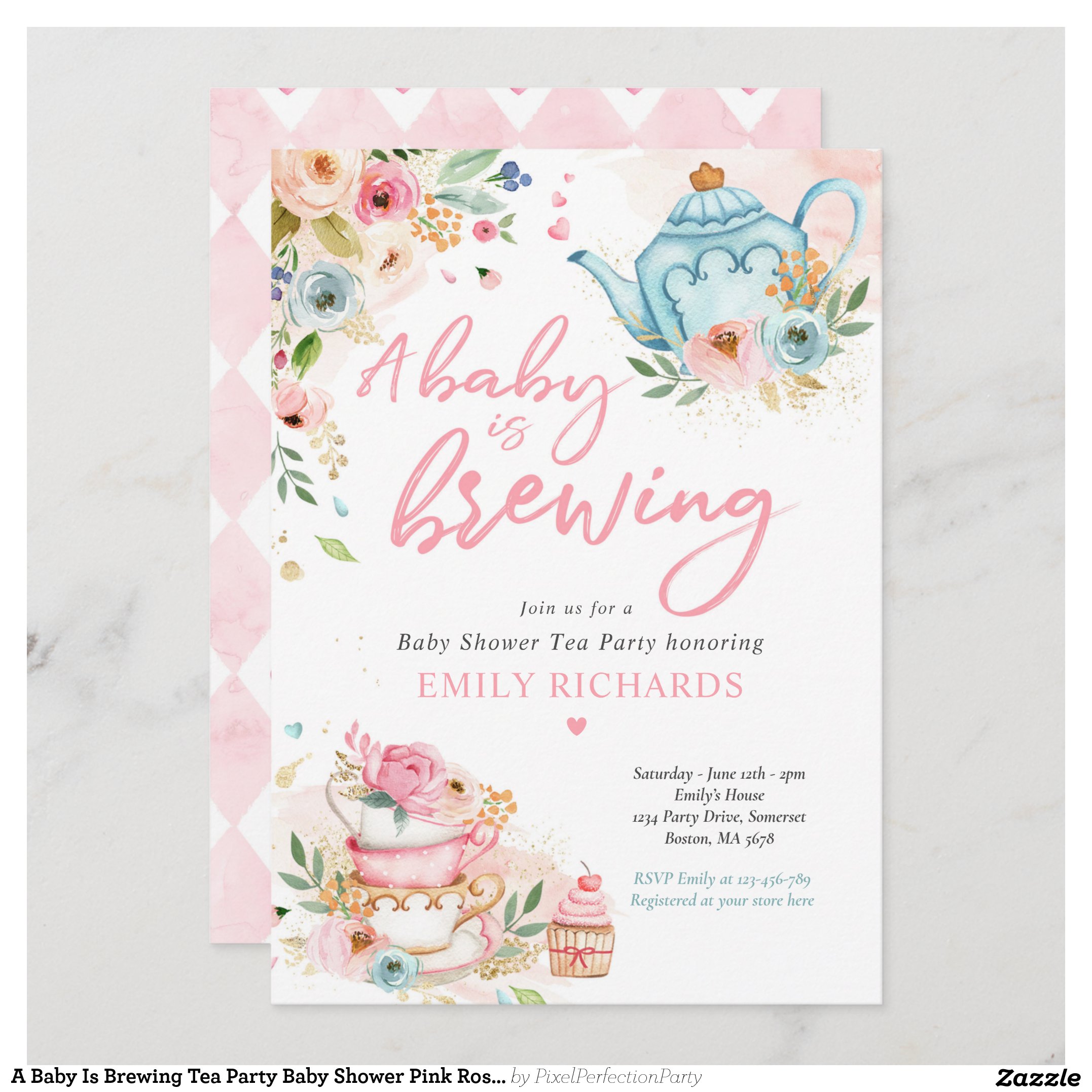 A Baby Is Brewing Tea Party Baby Shower Pink Roses Invitation