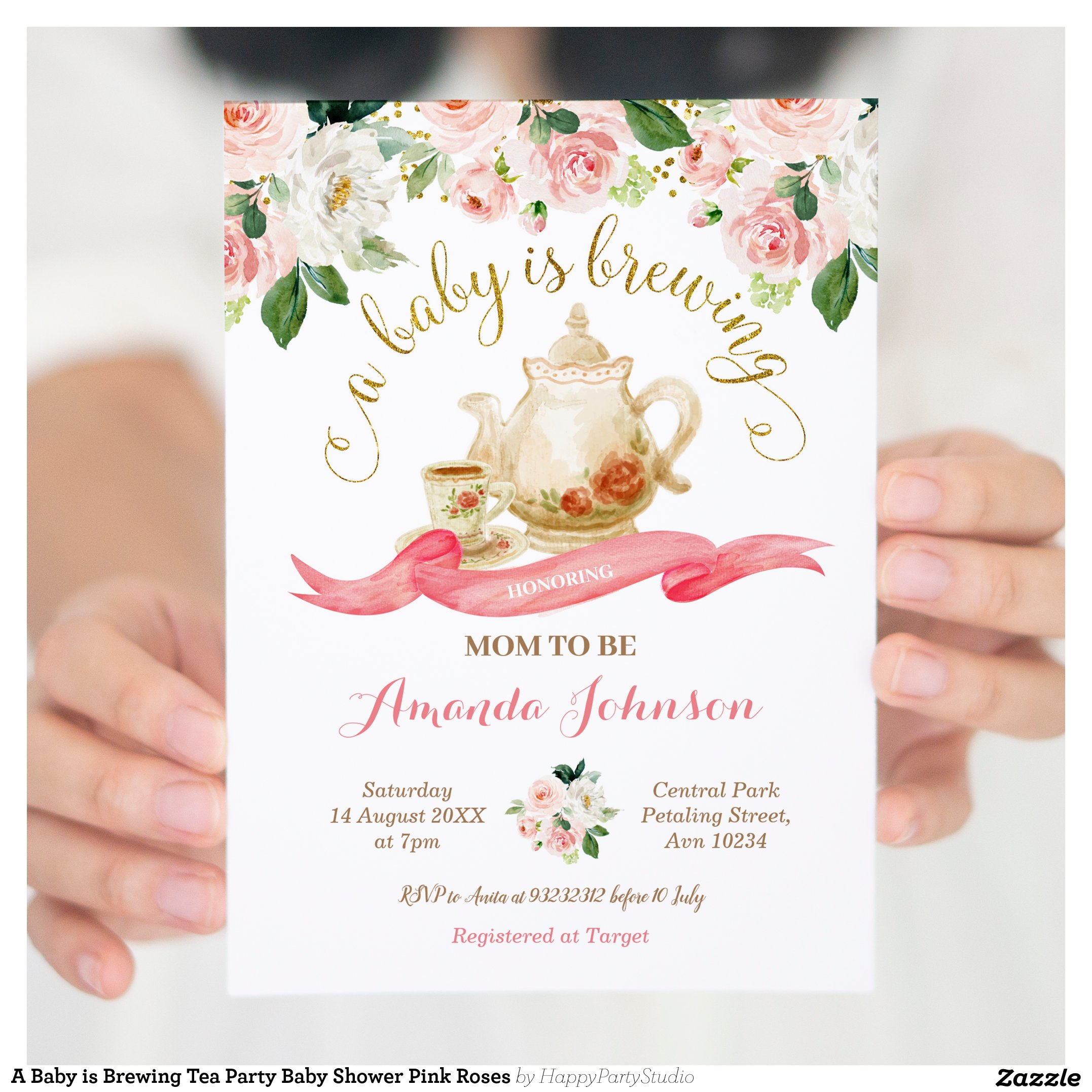 A Baby is Brewing Tea Party Baby Shower Pink Roses Invitation