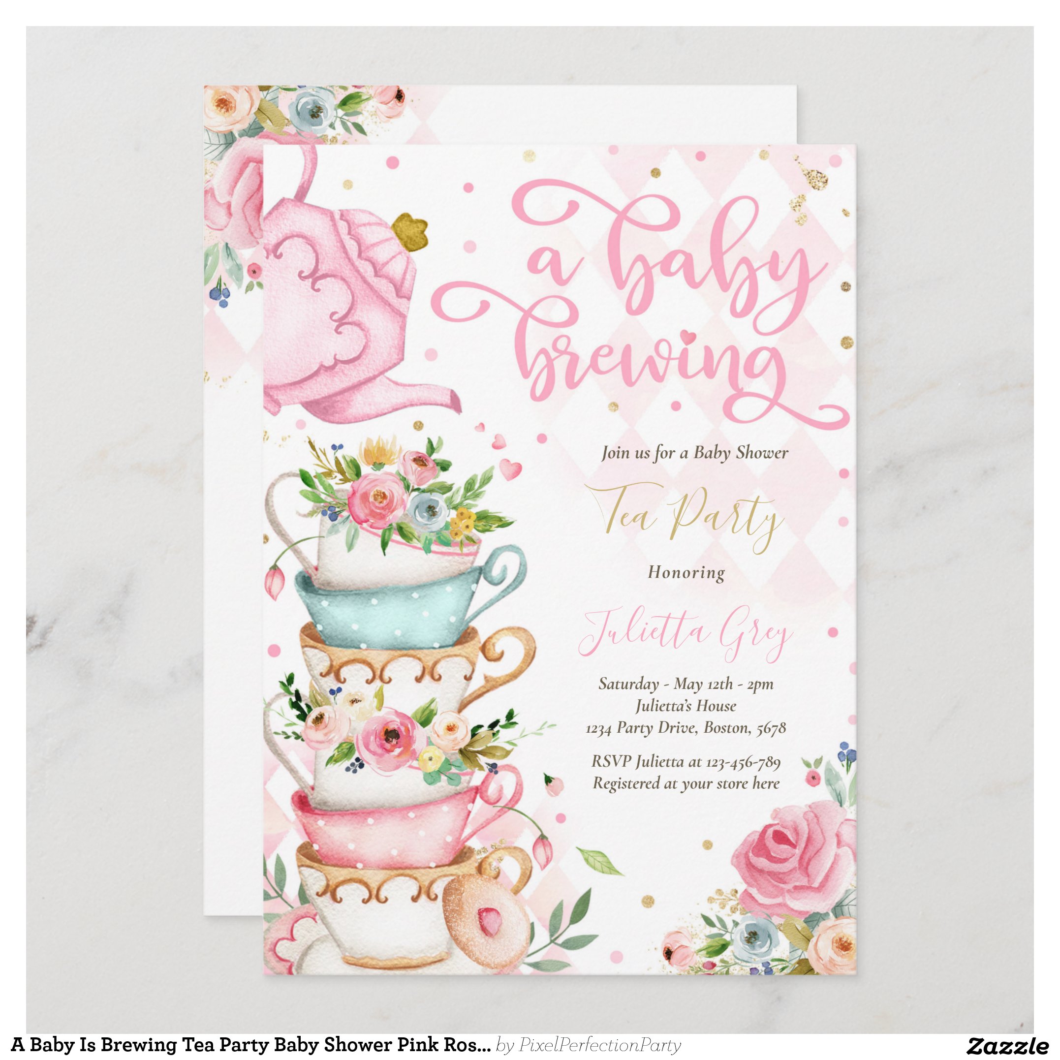 A Baby Is Brewing Tea Party Baby Shower Pink Roses Invitation