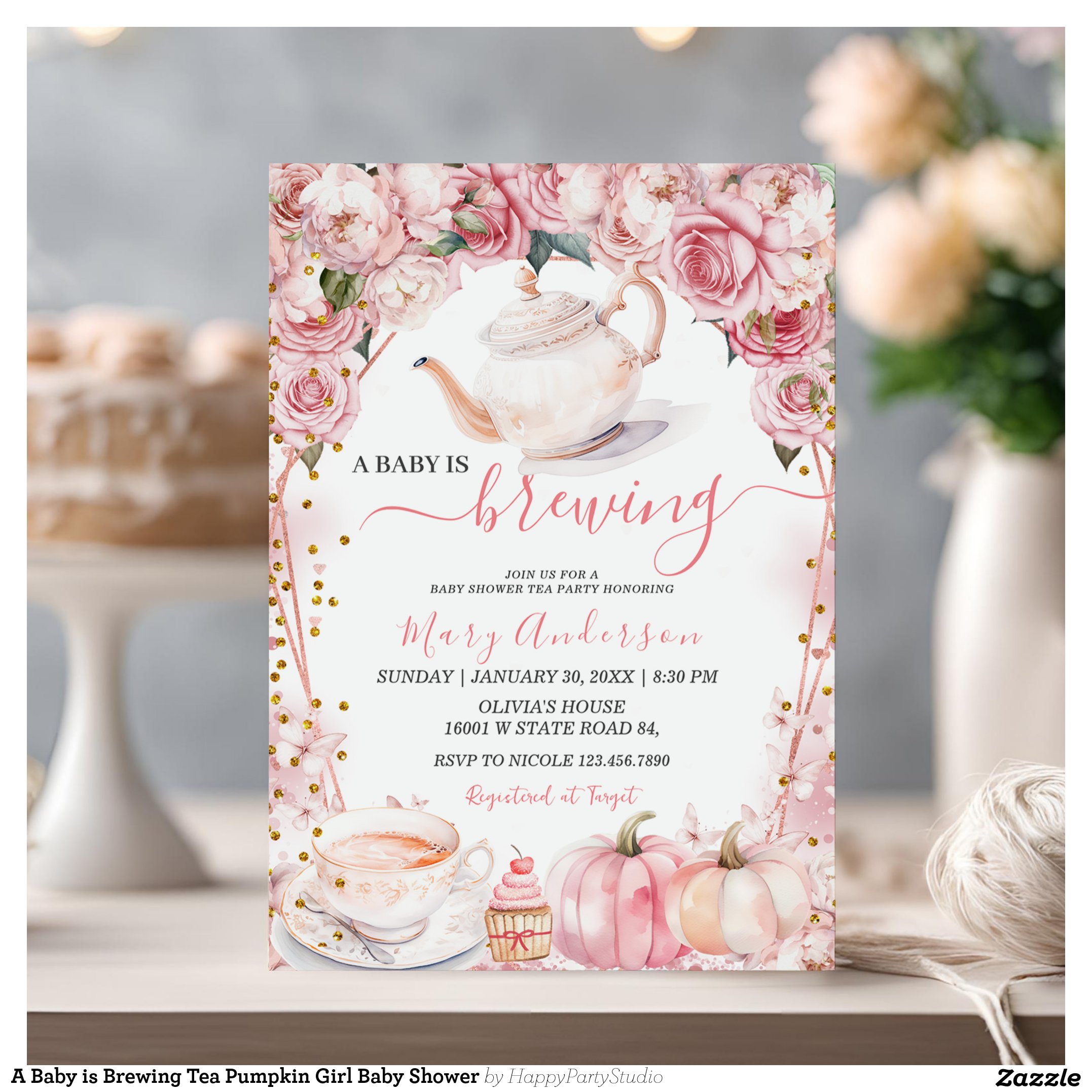 A Baby is Brewing Tea Pumpkin Girl Baby Shower Invitation