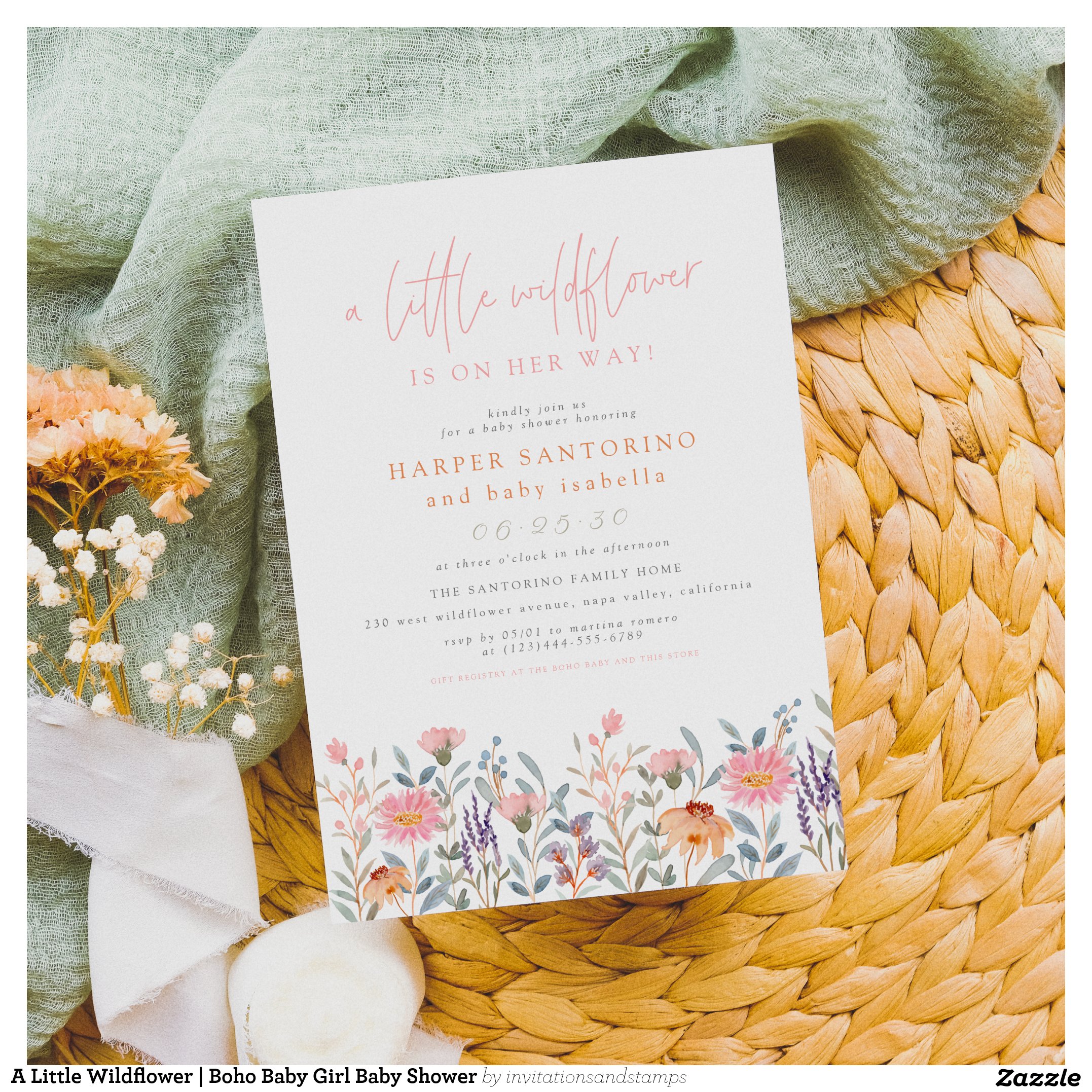 A Little Wildflower Boho Baby Girl Baby Shower Invitation