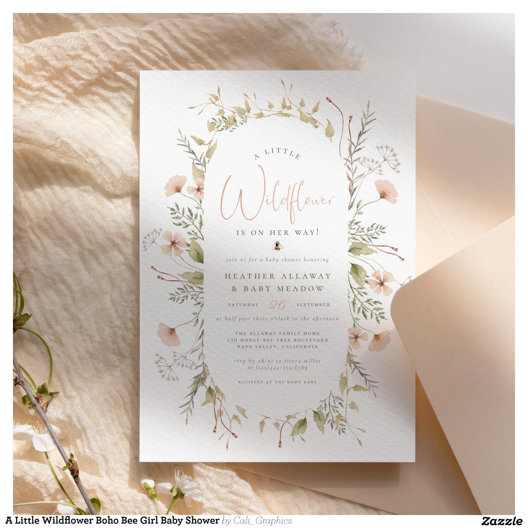 A Little Wildflower Boho Bee Girl Baby Shower Invitation