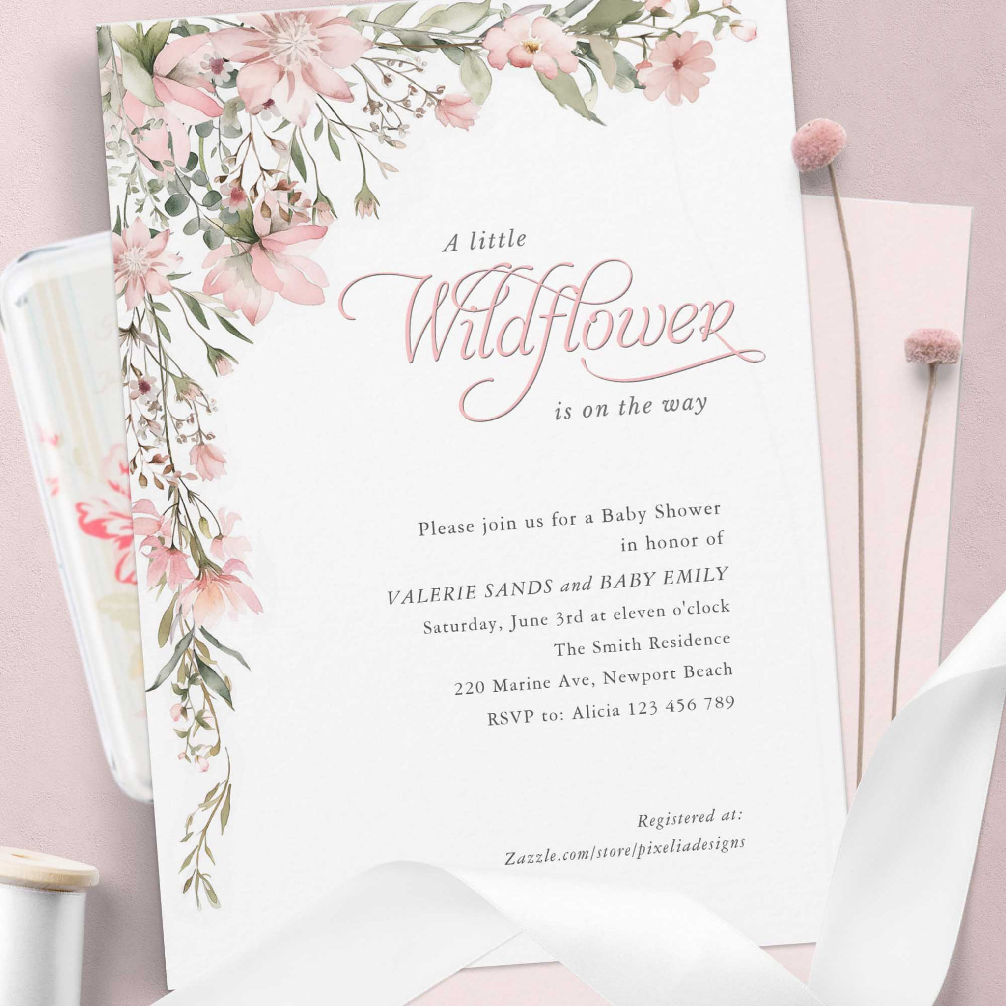 A little wildflower Pink Floral Baby Girl Shower Invitation