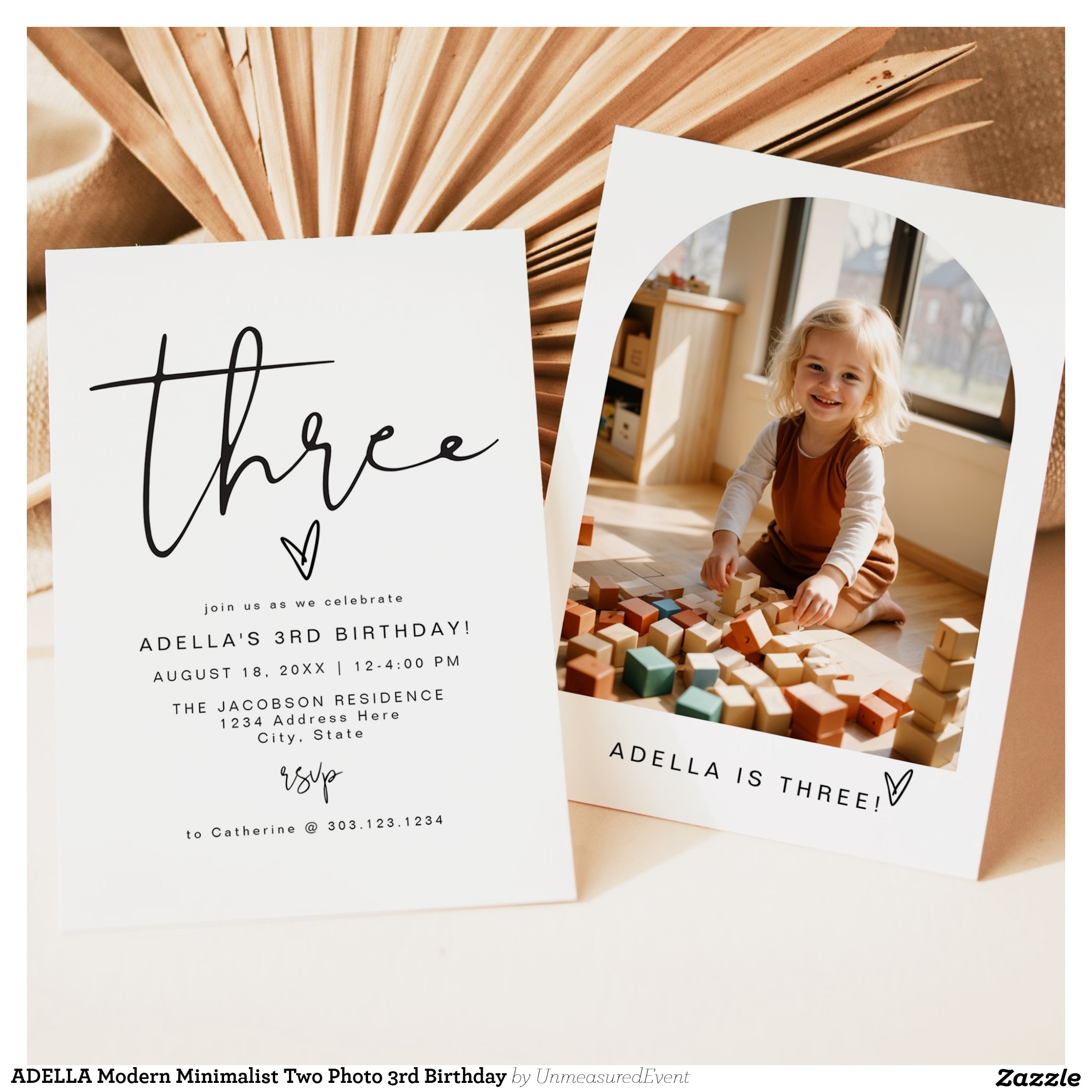 ADELLA Modern Minimalist Two Photo 3rd Birthday Invitation