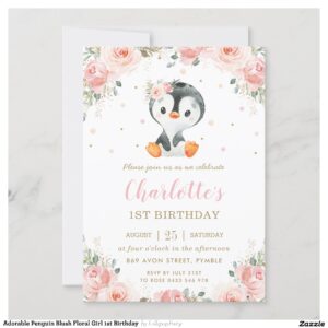 Adorable Penguin Blush Floral Girl 1st Birthday Invitation