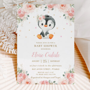 Adorable Penguin Blush Floral Girl Baby Shower Invitation
