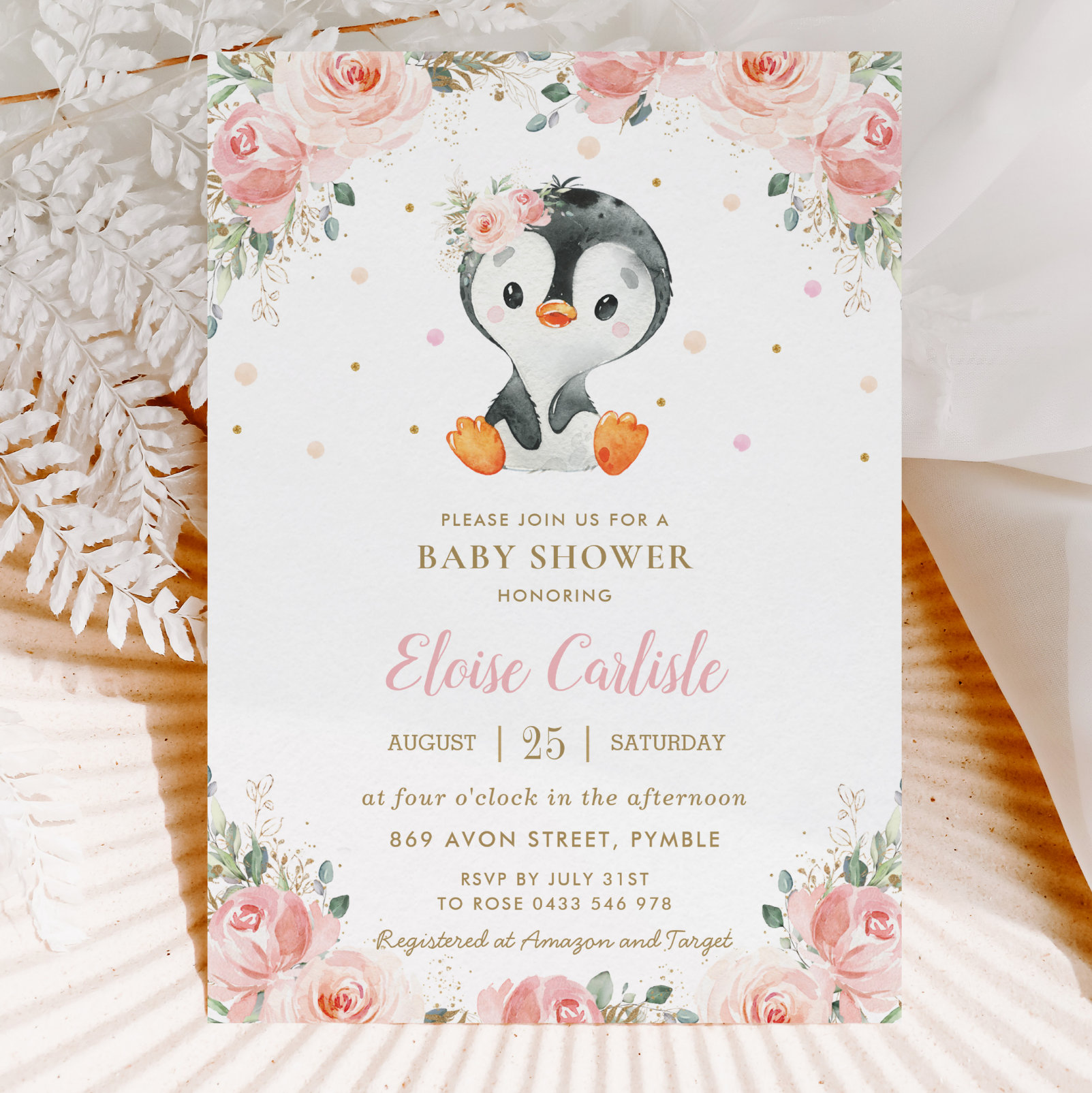 Adorable Penguin Blush Floral Girl Baby Shower Invitation
