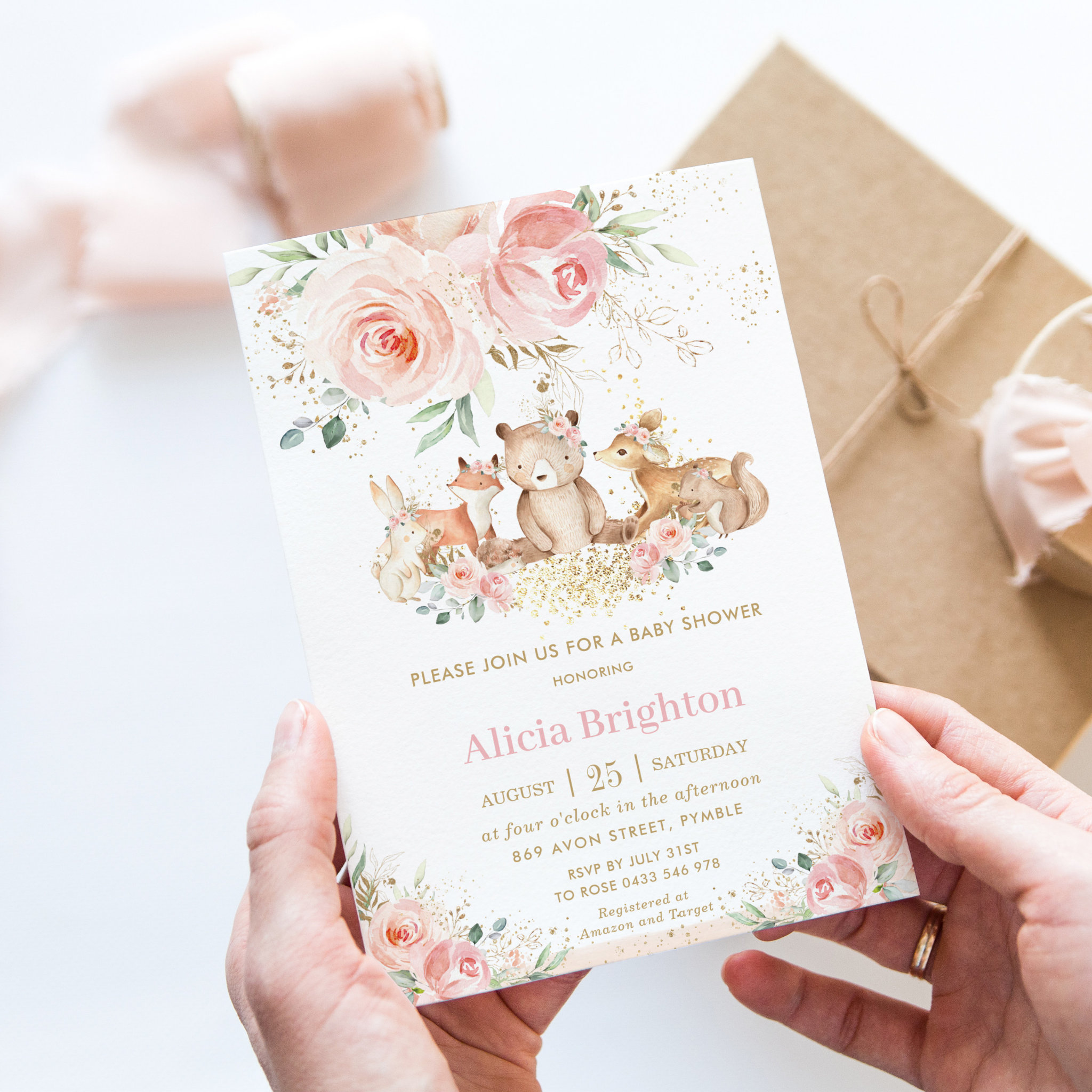 Adorable Woodland Blush Floral Girly Baby Shower Invitation