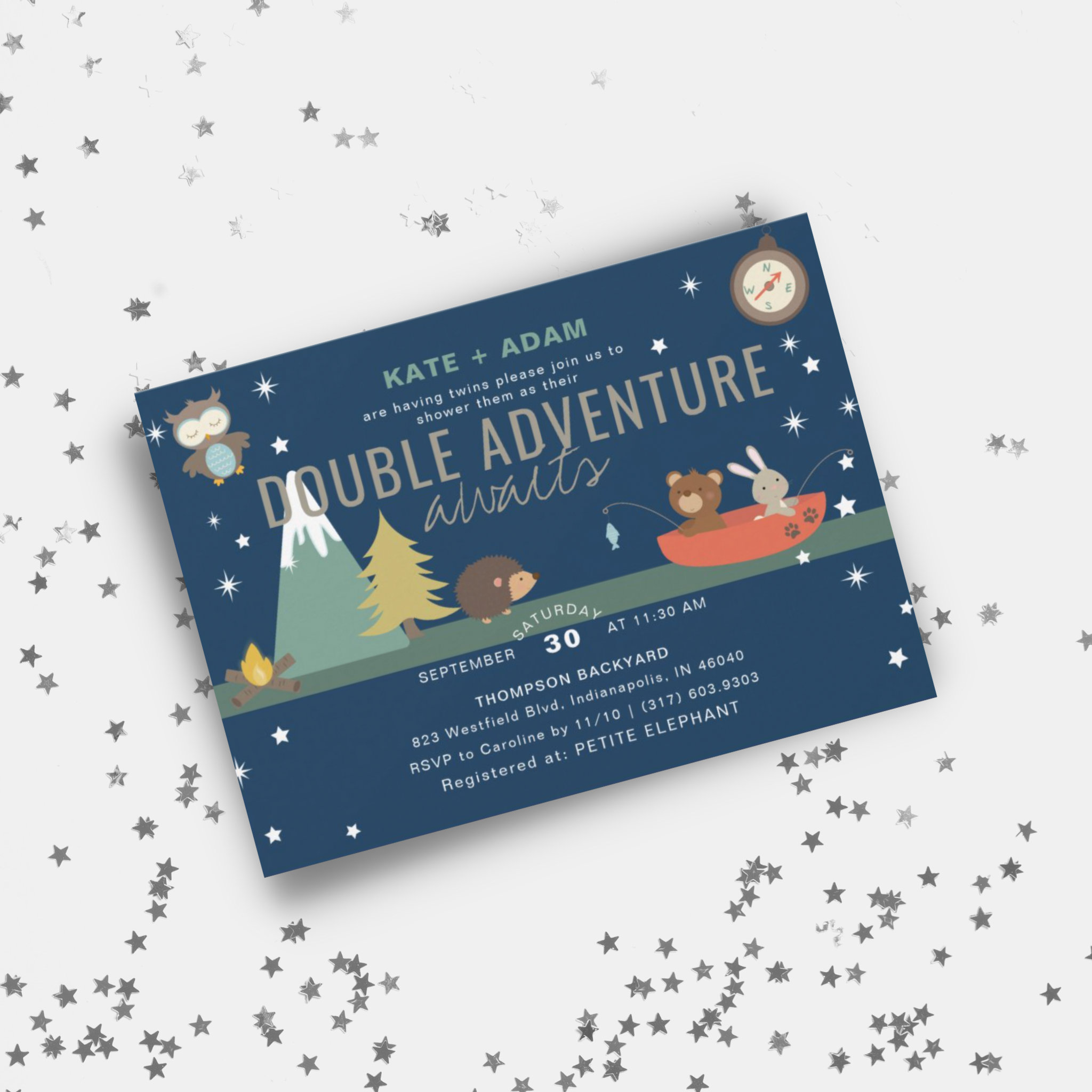 Adventure Awaits Woodland Twin Boys Baby Shower Invitation