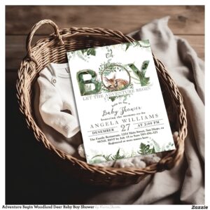 Adventure Begin Woodland Deer Baby Boy Shower Invitation