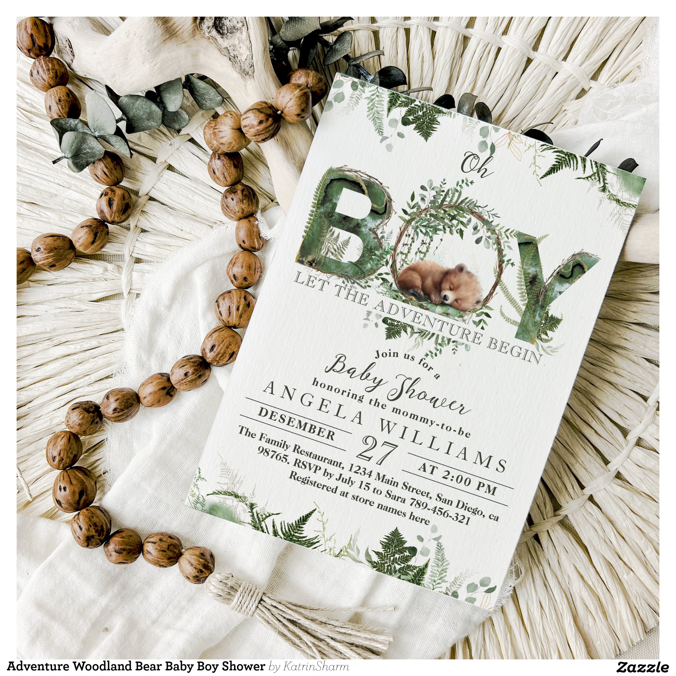 Adventure Woodland Bear Baby Boy Shower Invitation