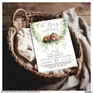 Adventure Woodland Greenery Baby Boy Shower Invitation