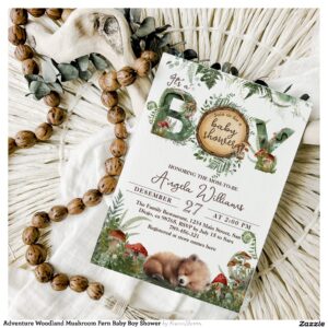 Adventure Woodland Mushroom Fern Baby Boy Shower Invitation