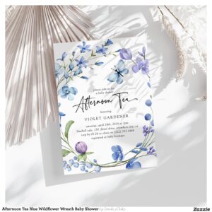 Afternoon Tea Blue Wildflower Wreath Baby Shower Invitation