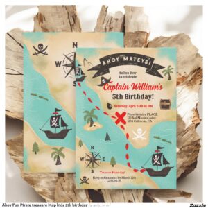 Ahoy Fun Pirate treasure Map kids 5th birthday Invitation