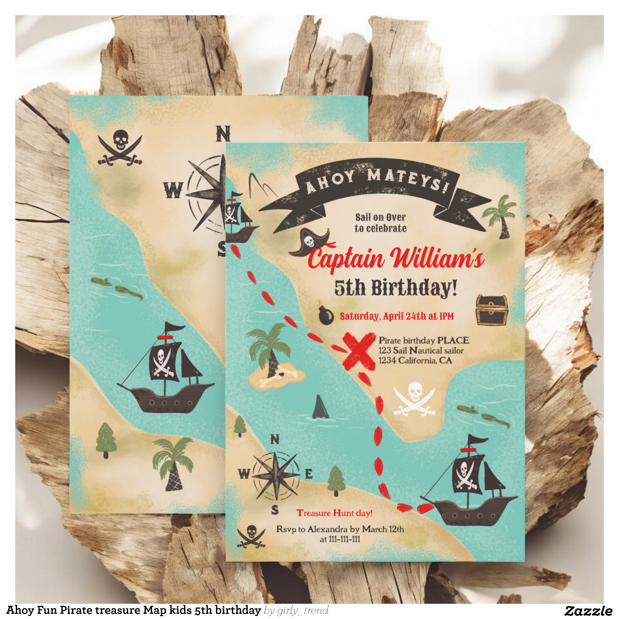 Ahoy Fun Pirate treasure Map kids 5th birthday Invitation