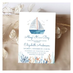 Ahoy! It's a Boy Cute Sailboat Baby Shower Invitation