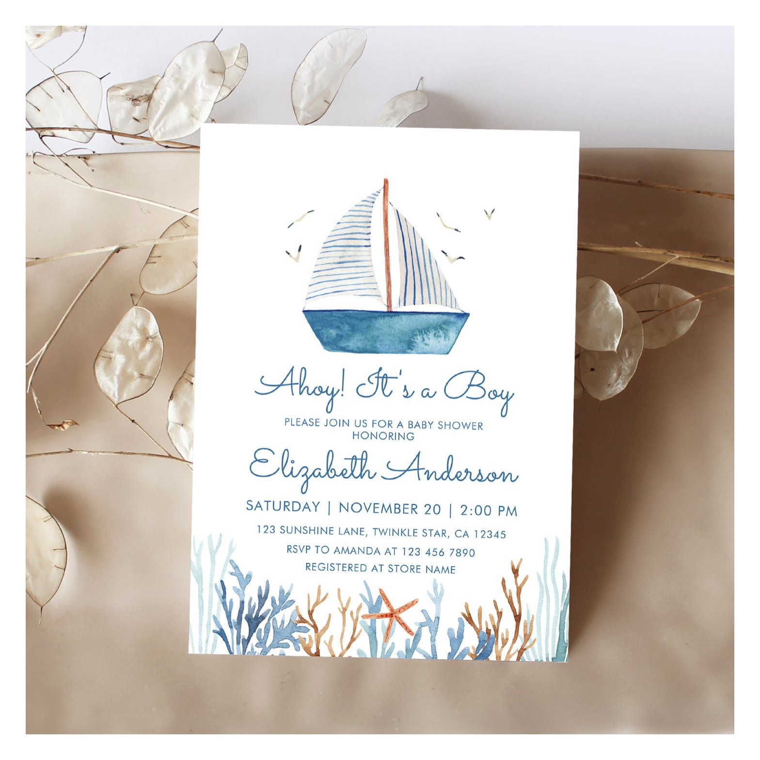 Ahoy! It's a Boy Cute Sailboat Baby Shower Invitation