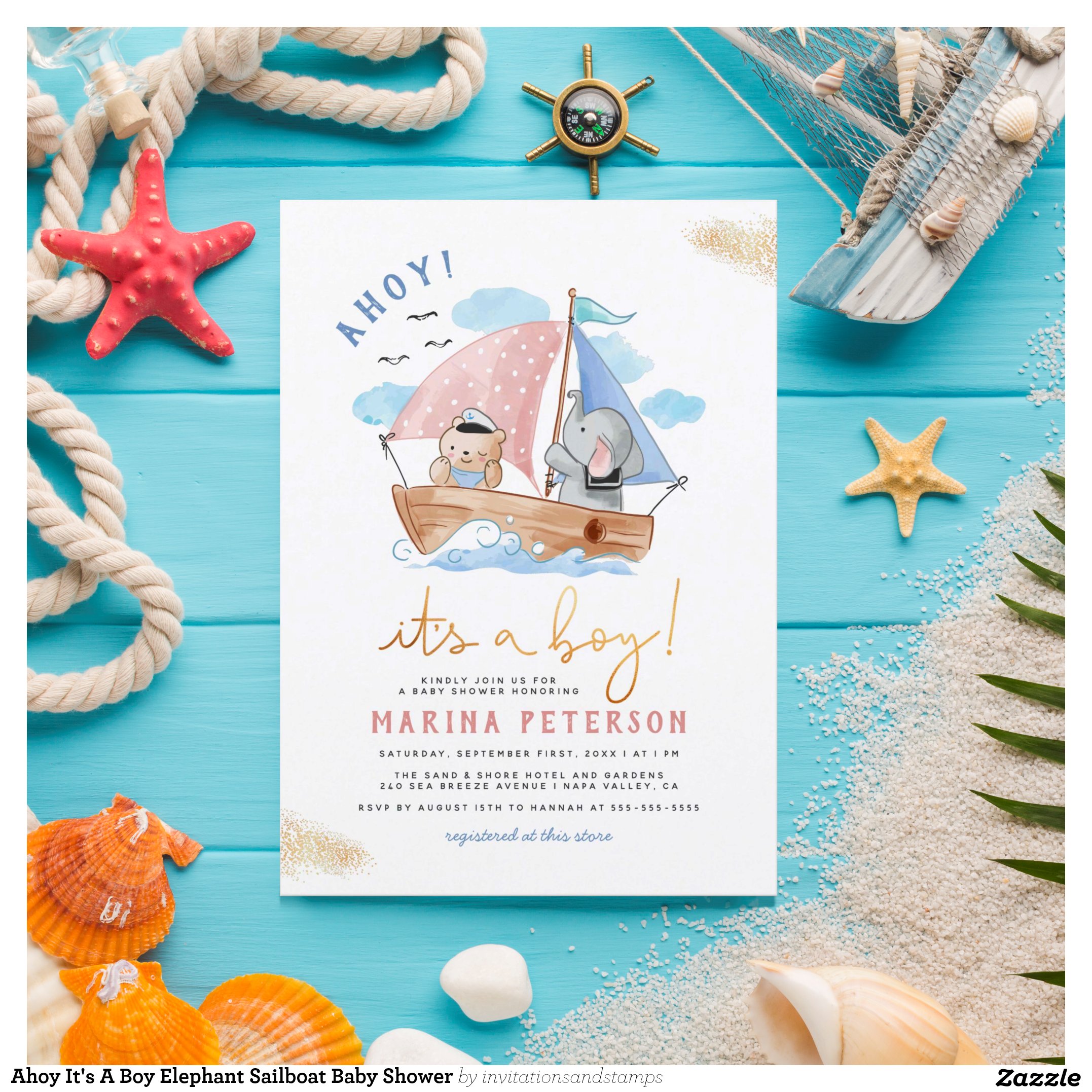 Ahoy It's A Boy Elephant Sailboat Baby Shower Invitation