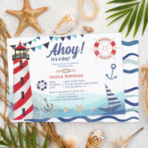Ahoy it's a boy nautical boat blue red baby shower invitation
