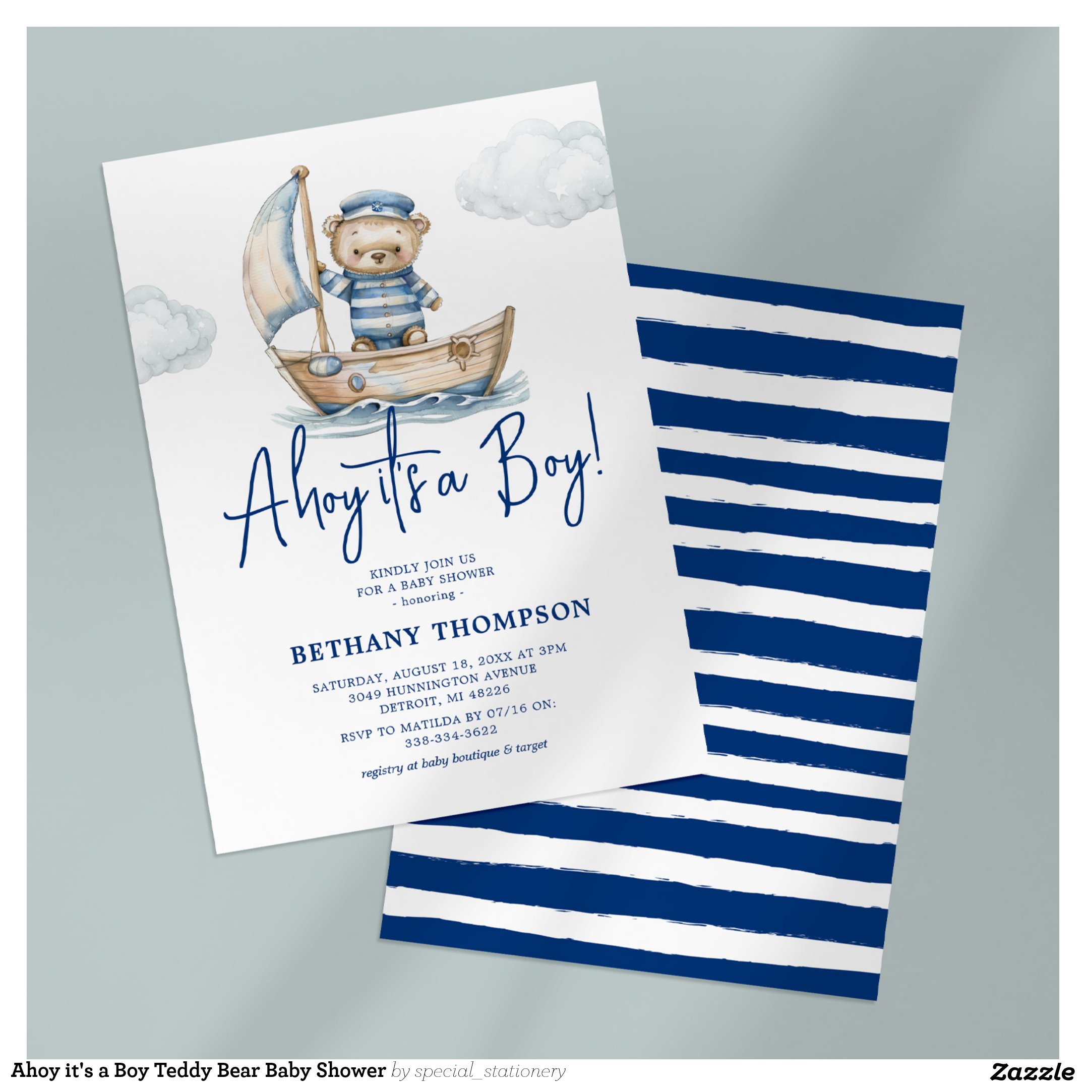 Ahoy it's a Boy Teddy Bear Baby Shower Invitation