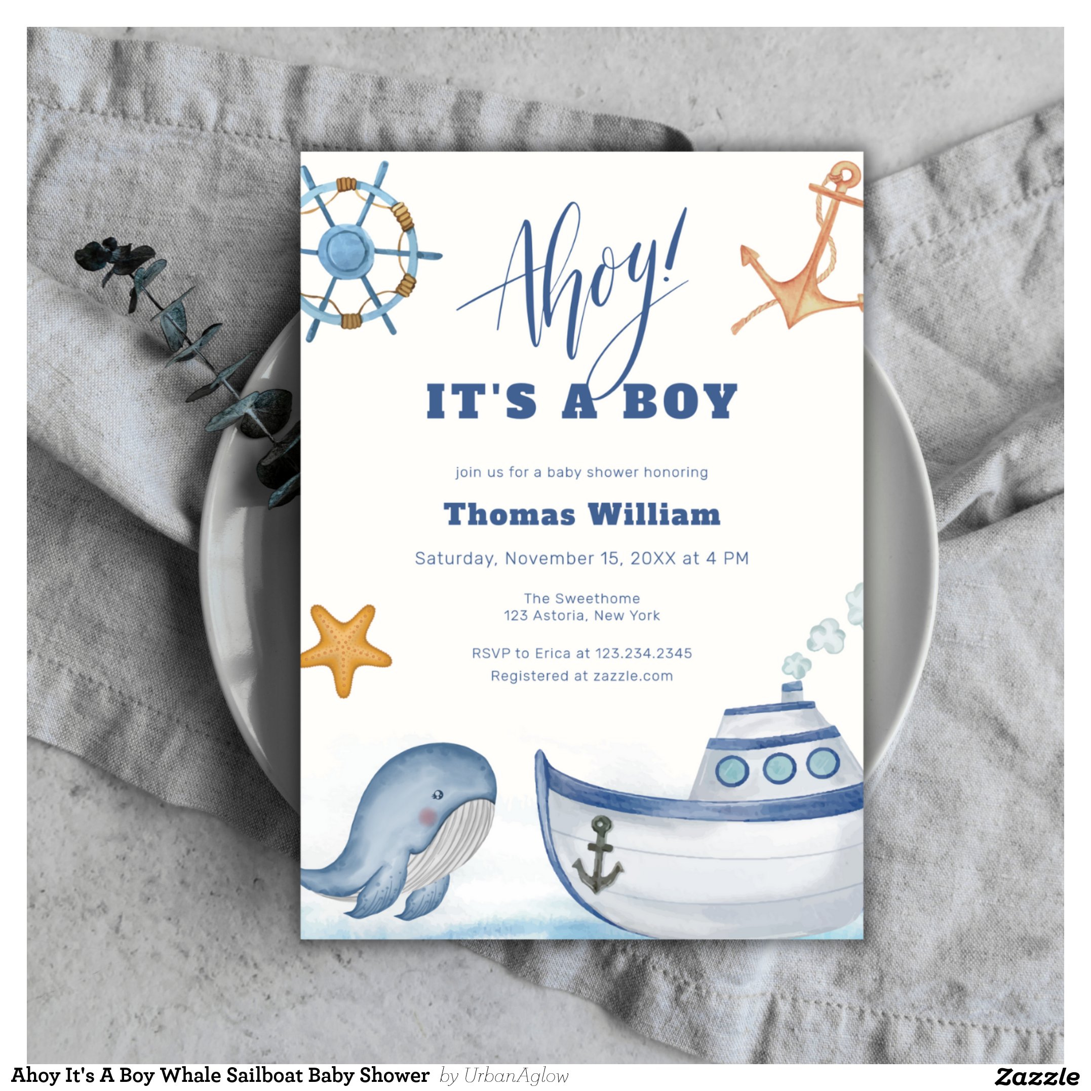 Ahoy It's A Boy Whale Sailboat Baby Shower Invitation