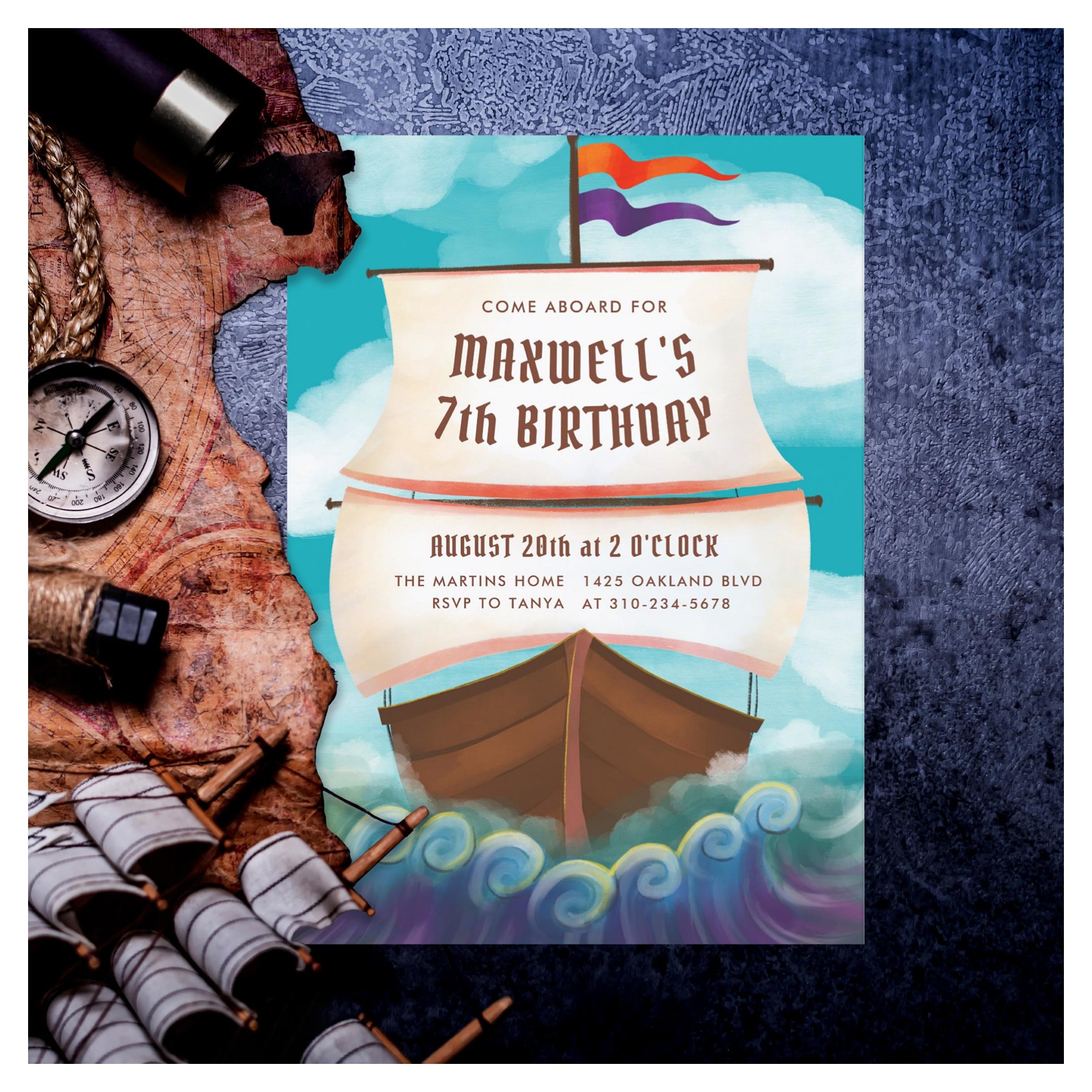 Ahoy Matey Pirate Ship Birthday Party Invitation