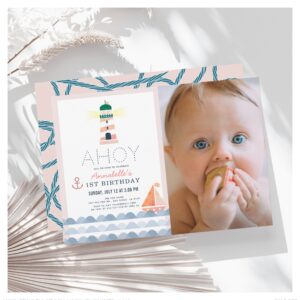 Ahoy Nautical Pink Girl Photo 1st Birthday Invitation