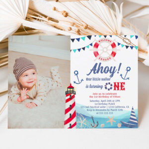 Ahoy sailor nautical boat blue red 1st birthday invitation