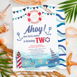 Ahoy sailor nautical boat blue red 2nd birthday invitation