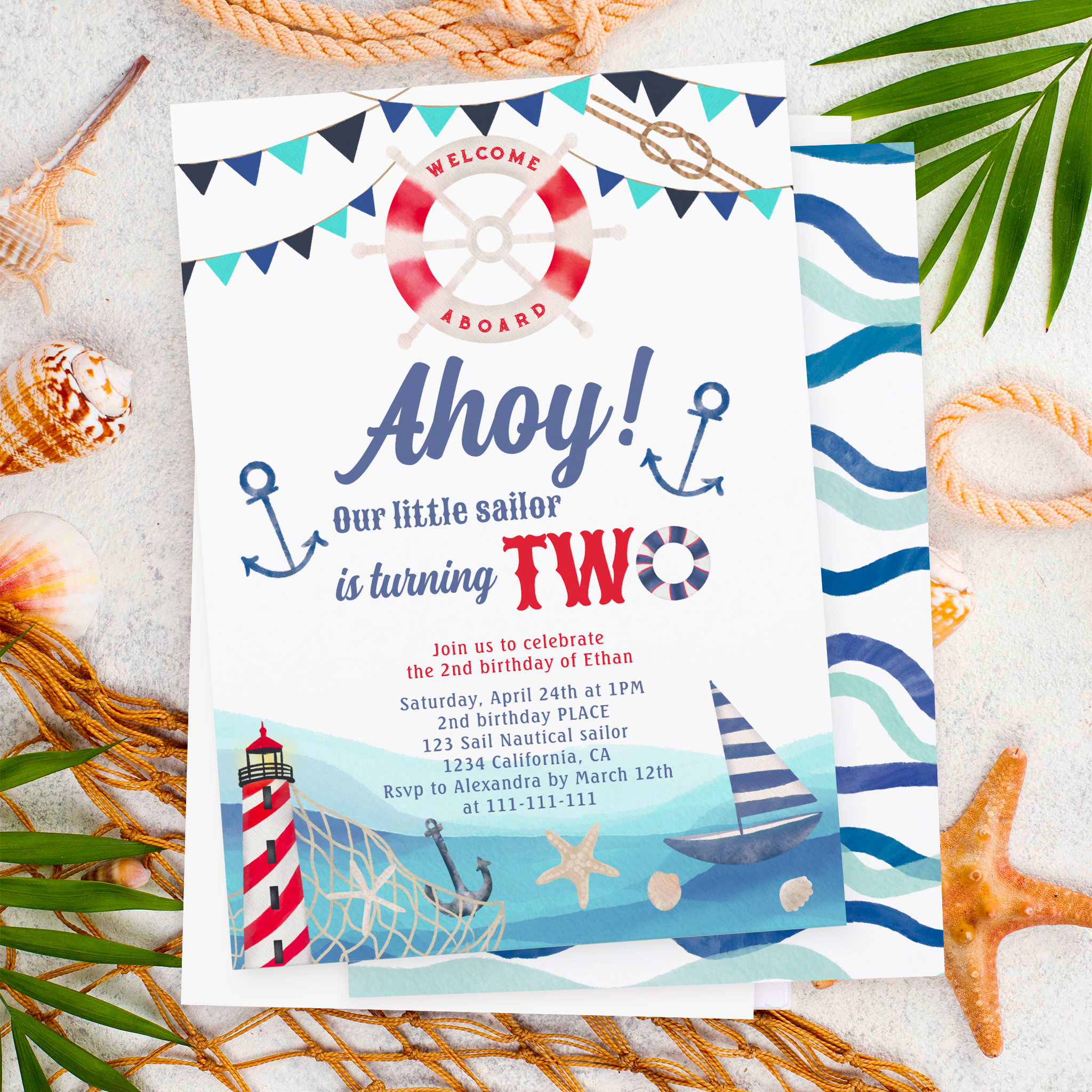 Ahoy sailor nautical boat blue red 2nd birthday invitation