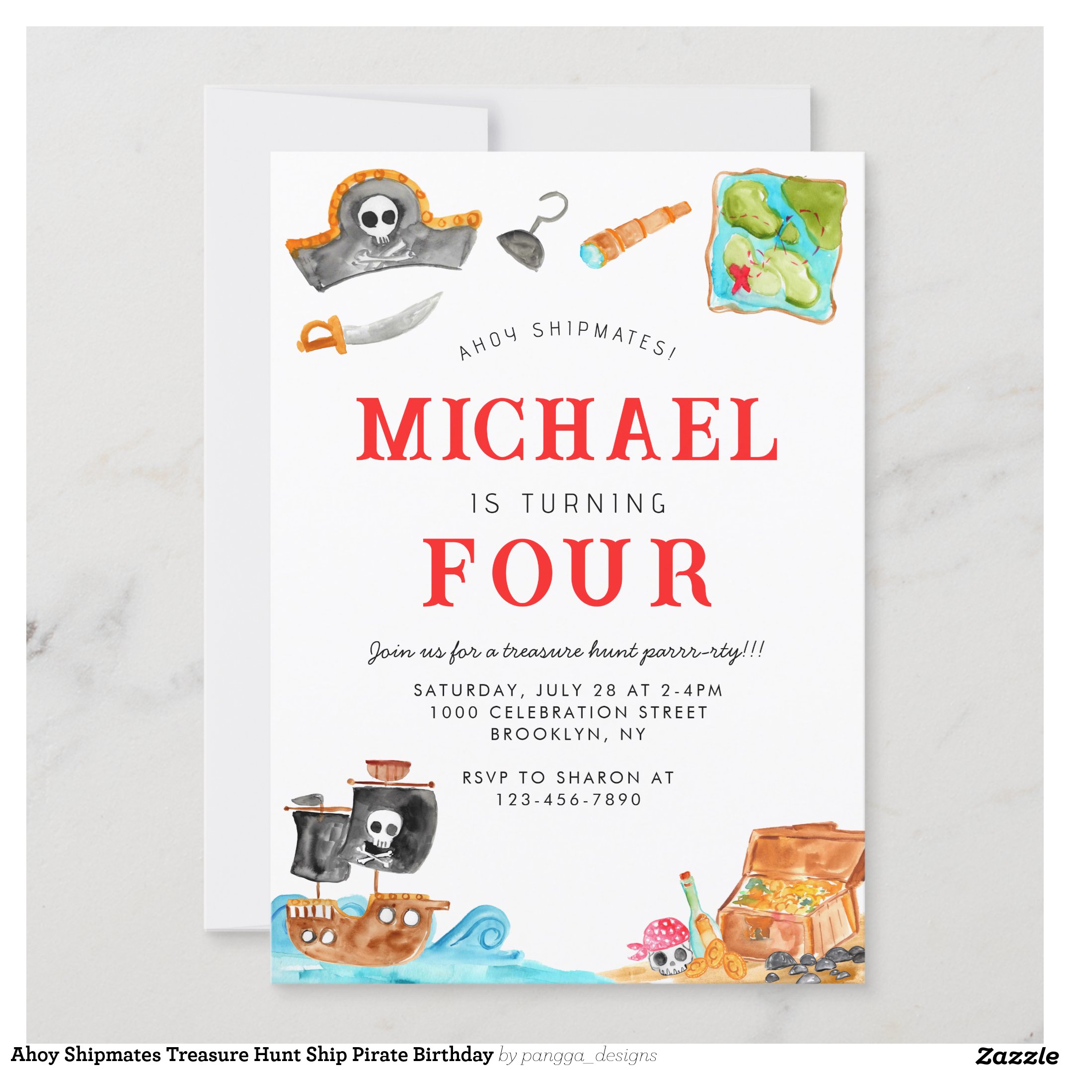 Ahoy Shipmates Treasure Hunt Ship Pirate Birthday Invitation