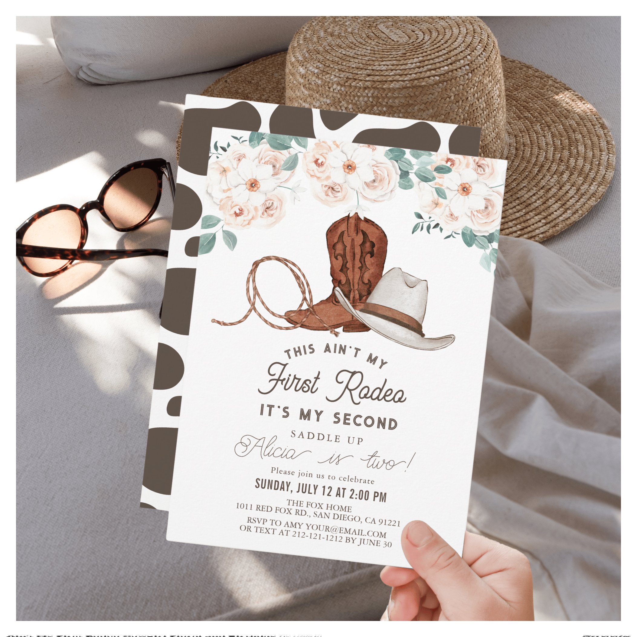 Ain't My First Rodeo Cowgirl Floral 2nd Birthday Invitation