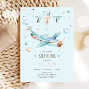 Airplane Vintage Adventure It's a Boy Baby Shower Invitation