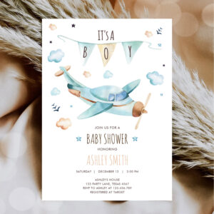 Airplane Vintage Adventure It's a Boy Baby Shower Invitation