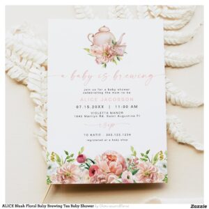 ALICE Blush Floral Baby Brewing Tea Baby Shower Invitation