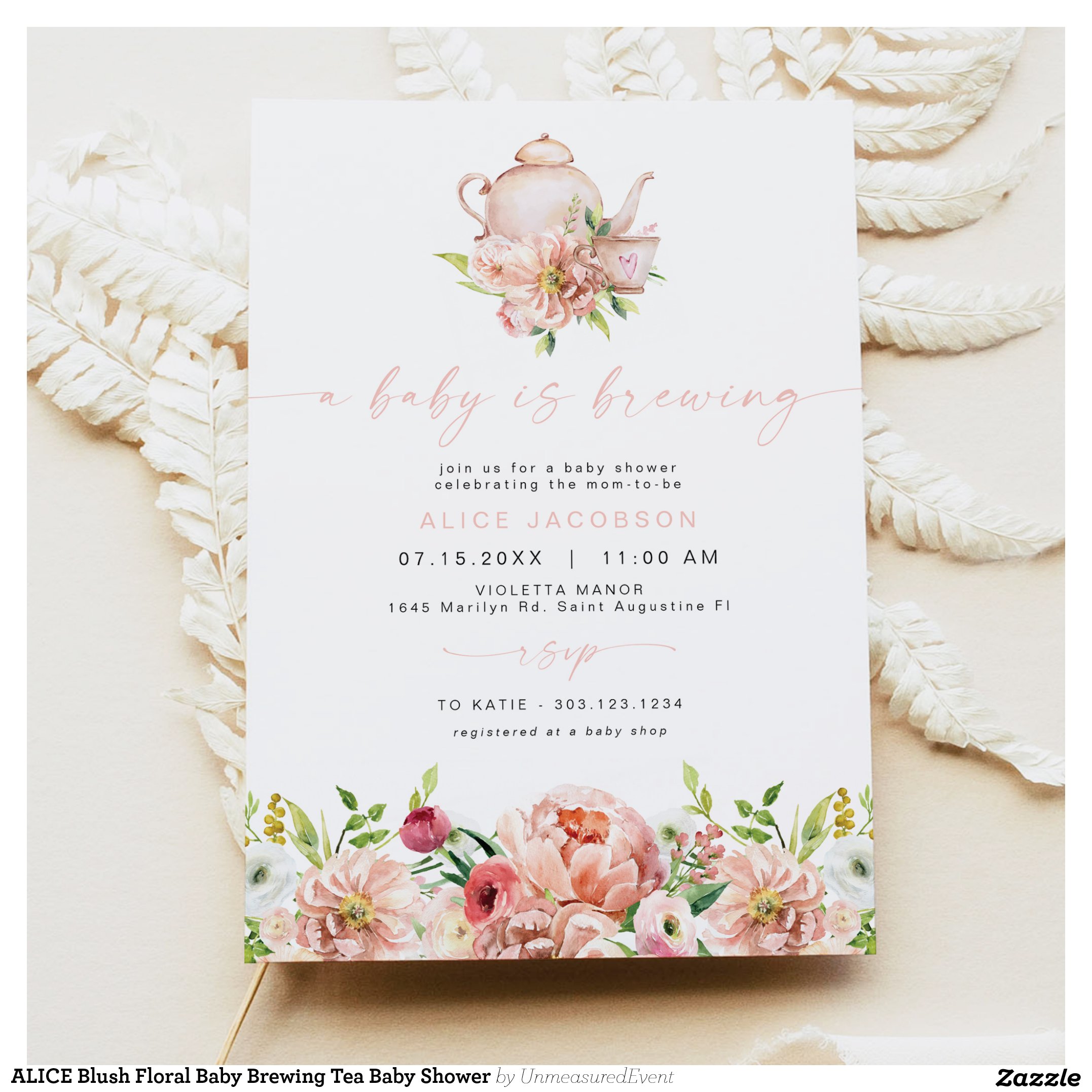 ALICE Blush Floral Baby Brewing Tea Baby Shower Invitation