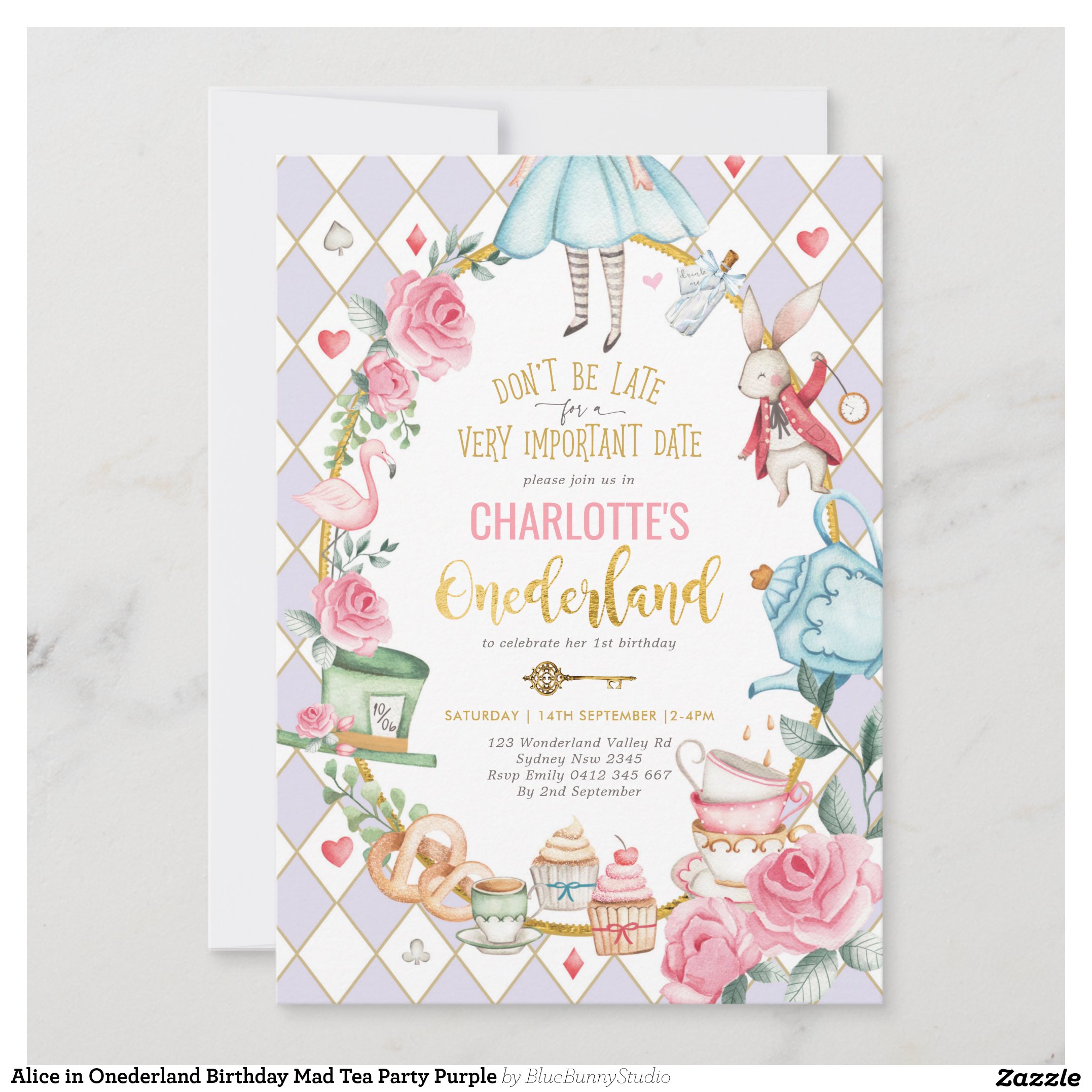 Alice in Onederland Birthday Mad Tea Party Purple Invitation
