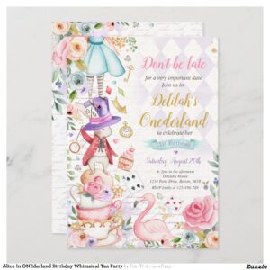 Alice In ONEderland Birthday Whimsical Tea Party Invitation