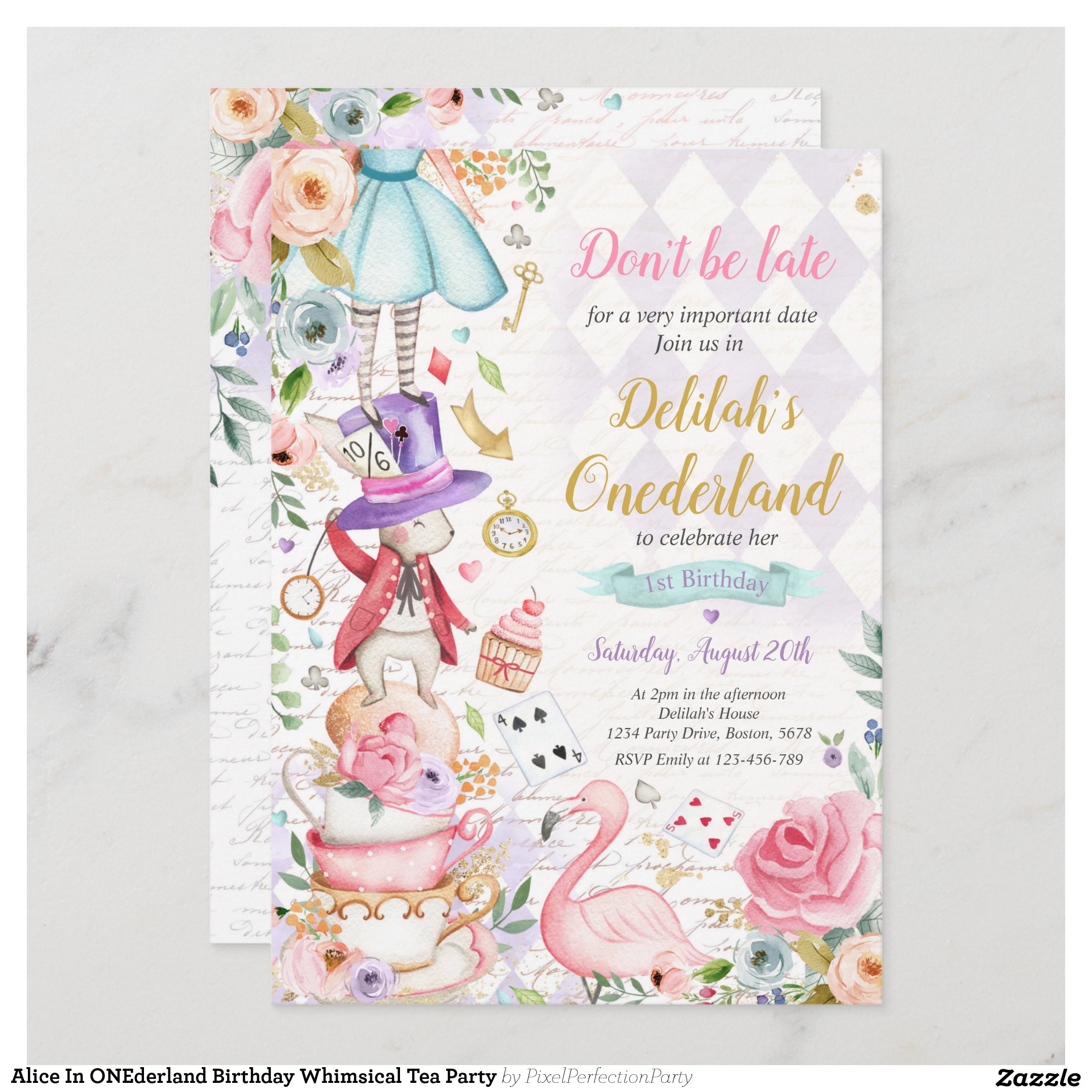 Alice In ONEderland Birthday Whimsical Tea Party Invitation