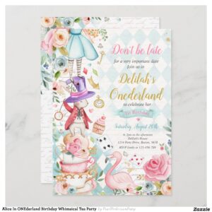 Alice In ONEderland Birthday Whimsical Tea Party Invitation